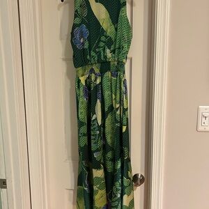 Green Tropical Floral Satin Maxi Dress